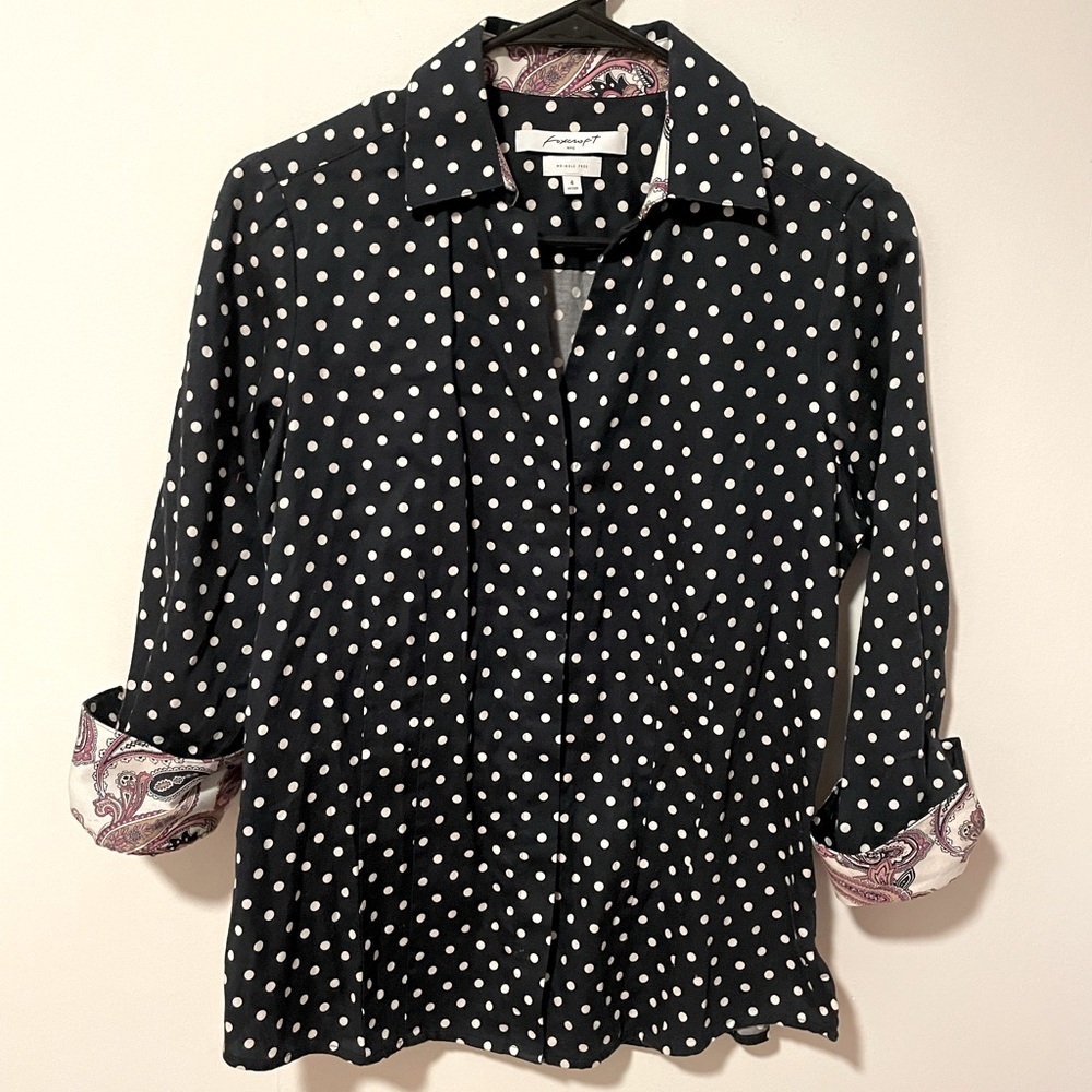Foxcraft Navy and Paisley Polka Dot Button Down Top Women's Small
